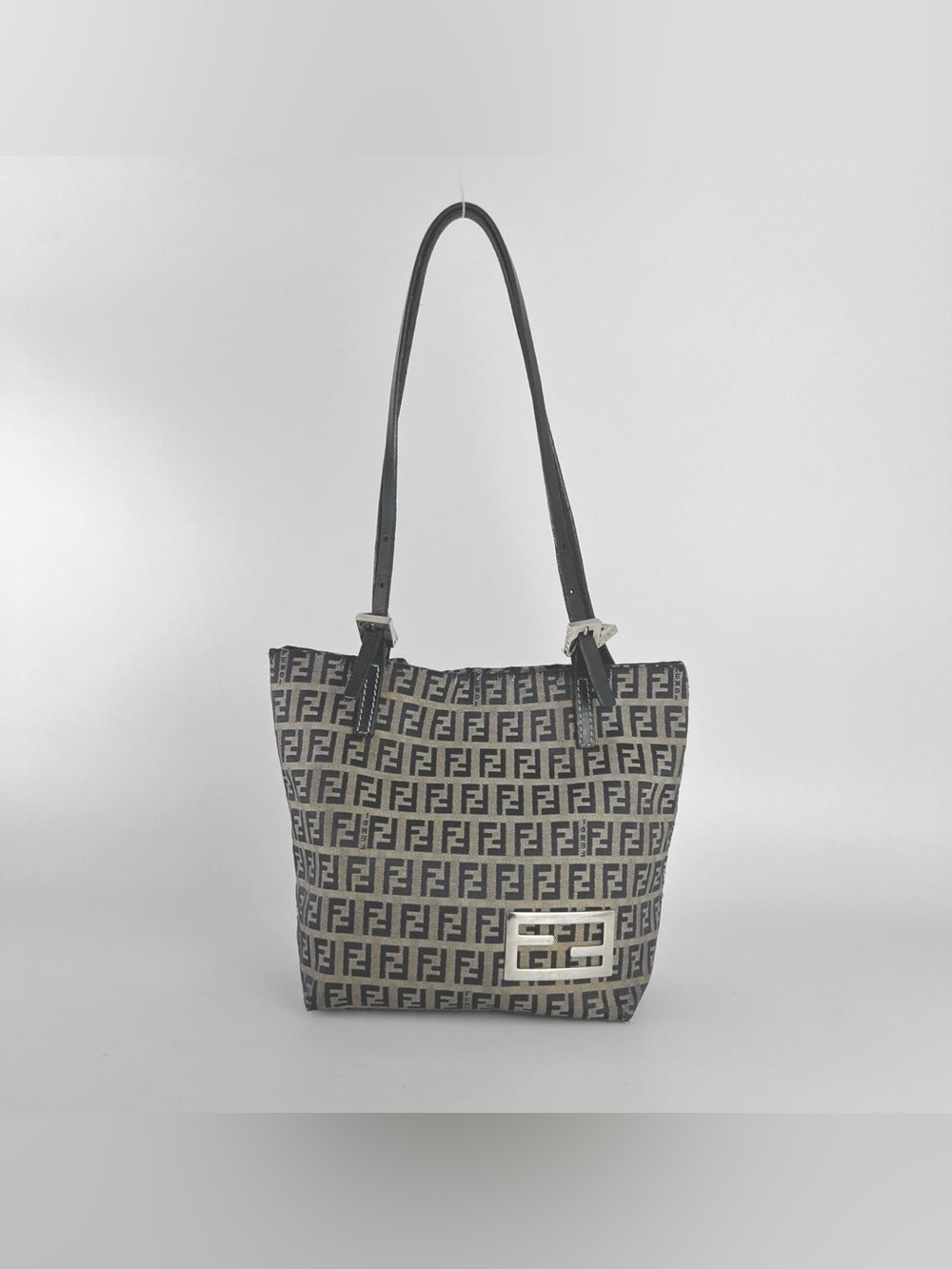 Fendi Vintage FF Zucca Jacquard Tote Bag Blue Leather Trim